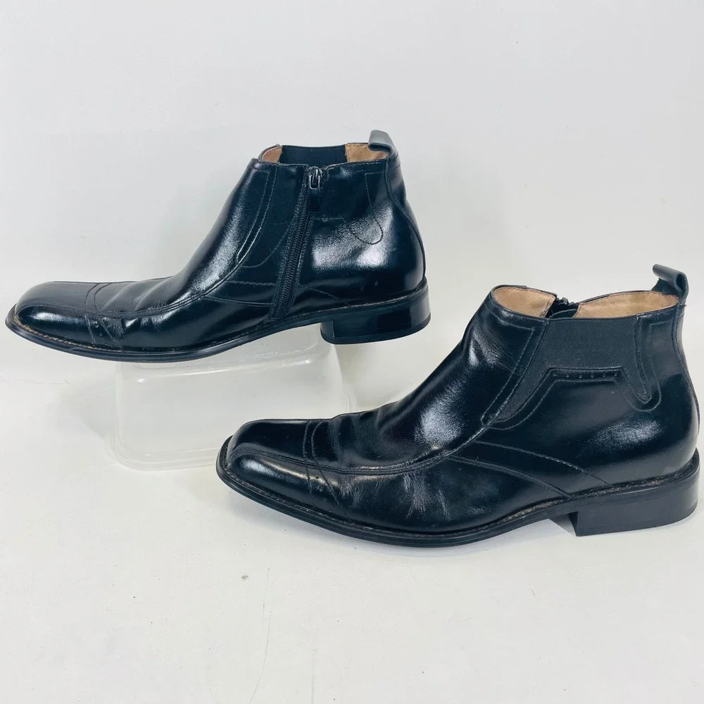 Stacy Adams Mens Black Leather Square Toe Side Zip Ankle Boots 24695-001 9.5M